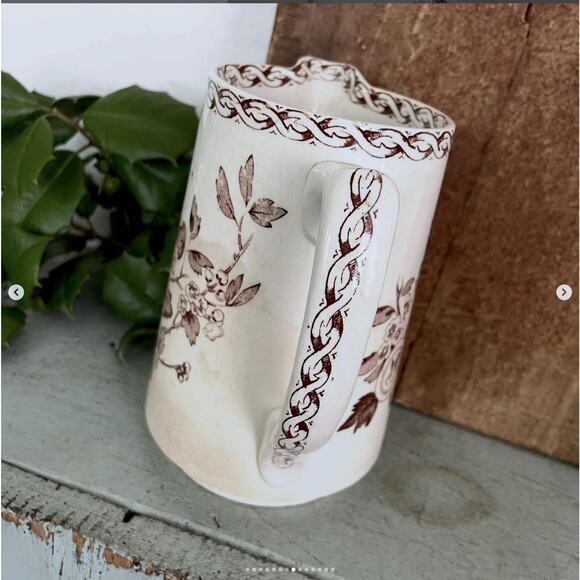 Vintage Ironstone Brown Transferware Pitcher Aesthetic Bird Stained Crazed - Picture 7 of 9